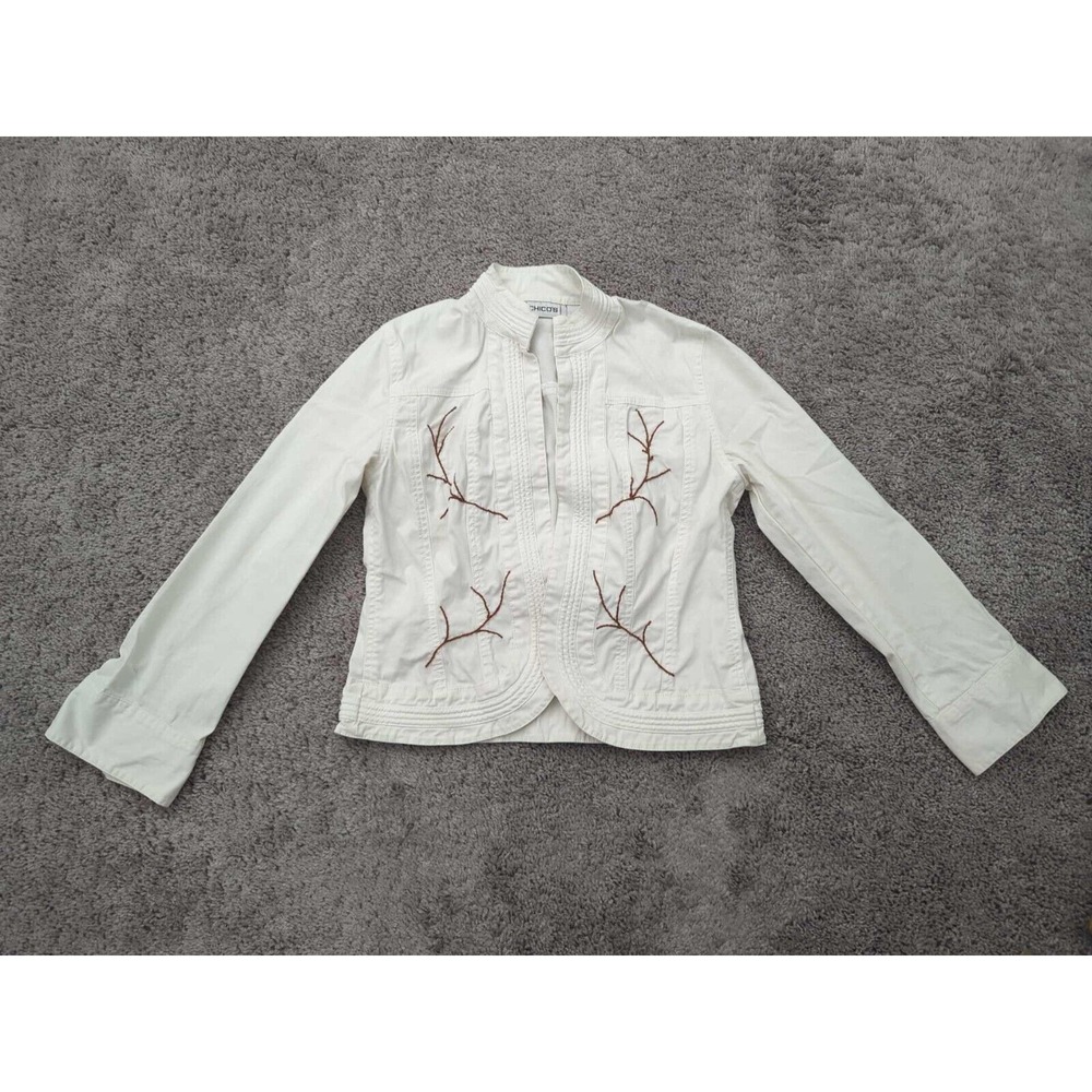 Chico's Open Front Jacket Womens 0 White Long Sleeve Embroidered Mandarin Collar